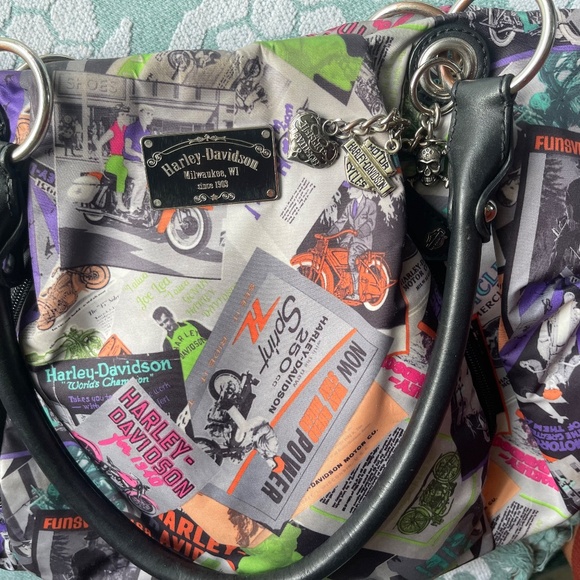 HARLEY DAVIDSON Multicolor Black Leather Top Handle Satchel Motorcycle Graphics - Picture 7 of 12